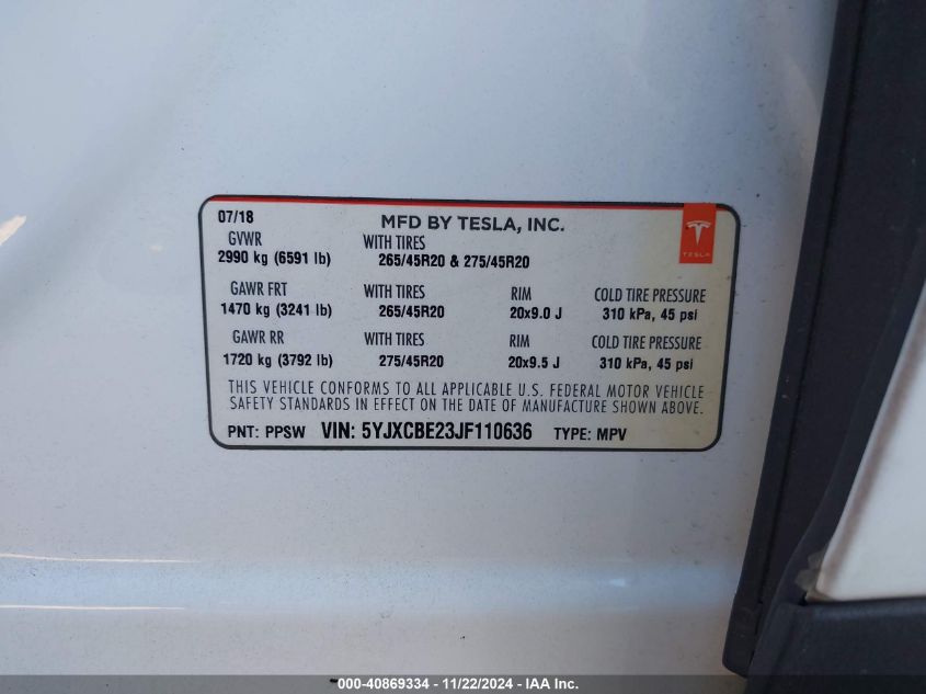 VIN 5YJXCBE23JF110636 2018 Tesla Model X, 100D/75D/... no.9