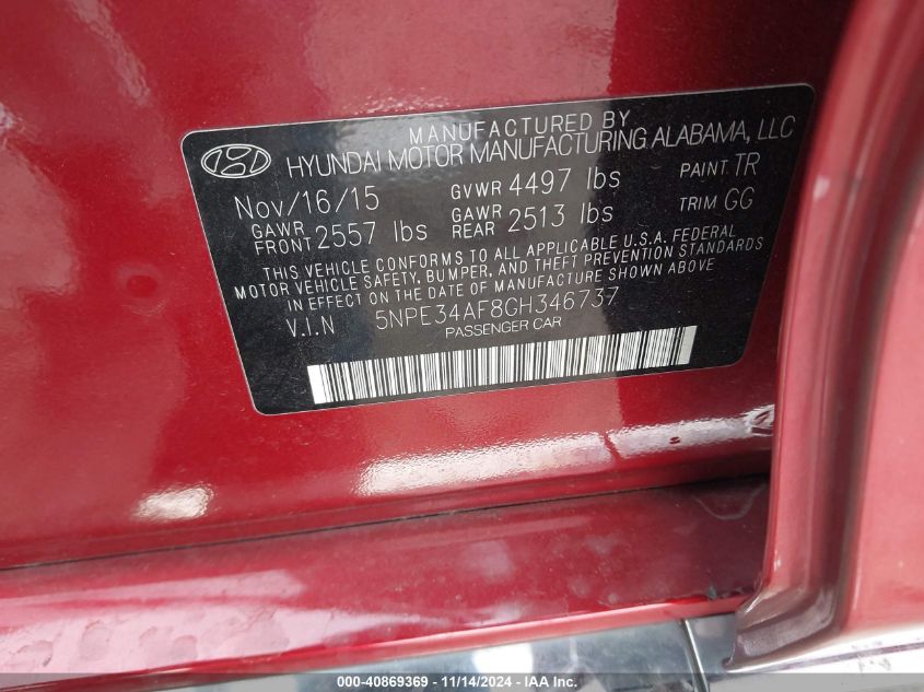 VIN 5NPE34AF8GH346737 2016 HYUNDAI SONATA no.9