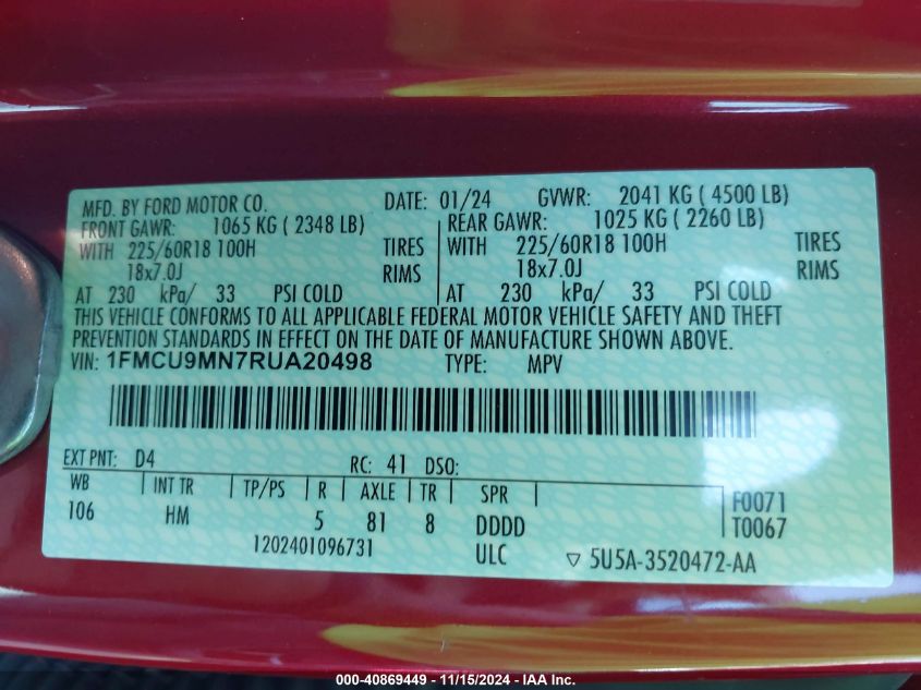 VIN 1FMCU9MN7RUA20498 2024 Ford Escape, St-Line no.9