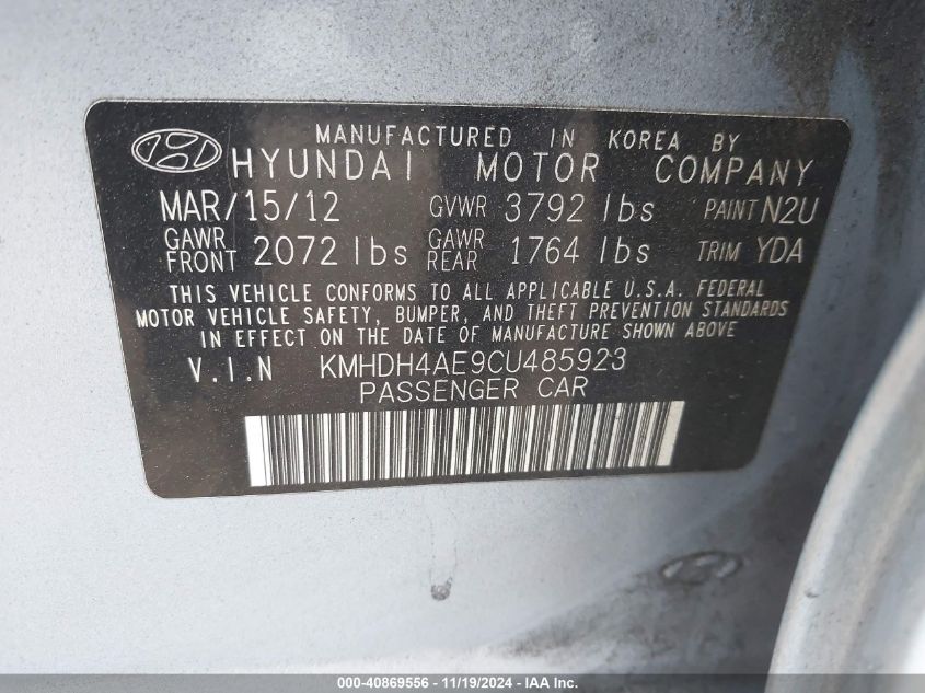 2012 Hyundai Elantra Limited (Ulsan Plant) VIN: KMHDH4AE9CU485923 Lot: 40869556