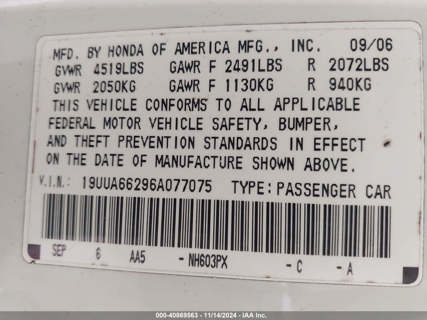 2006 ACURA TL VIN: 19UUA66296A077075