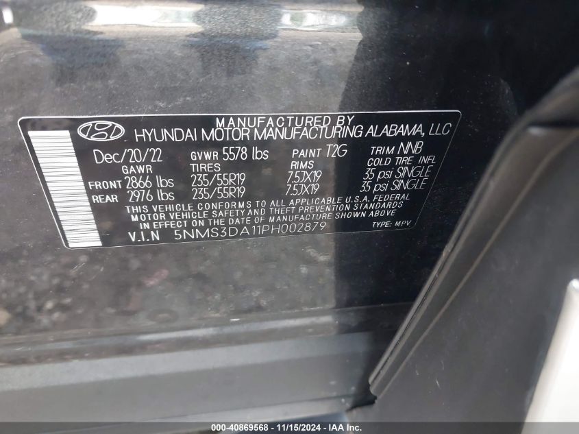 2023 Hyundai Santa Fe Hybrid Sel Premium VIN: 5NMS3DA11PH002879 Lot: 40869568