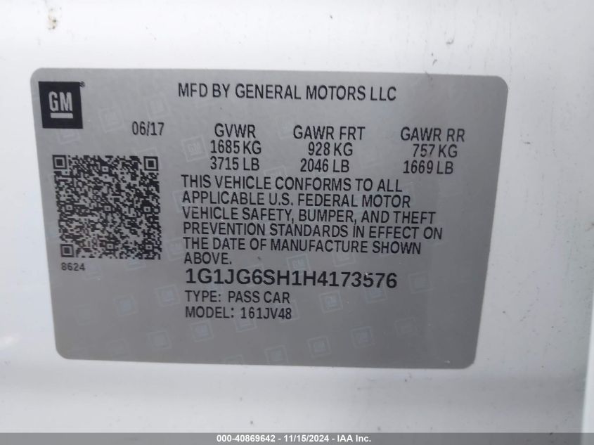 2017 CHEVROLET SONIC VIN: 1G1JG6SH1H4173576