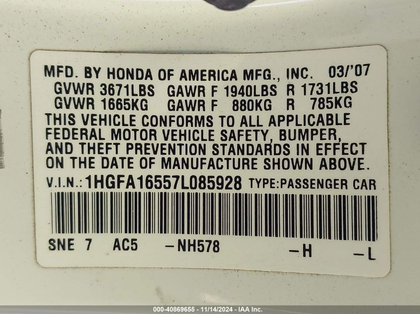 2007 Honda Civic Lx VIN: 1HGFA16557L085928 Lot: 40869655