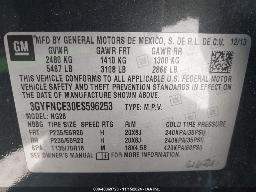 VIN 3GYFNCE30ES596253 2014 Cadillac SRX, Performanc... no.9