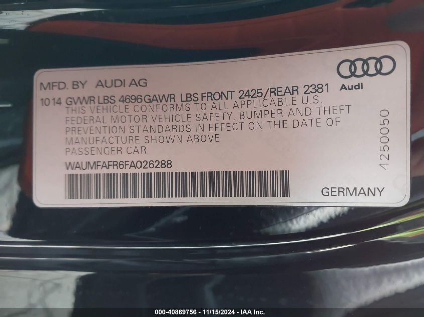 2015 Audi A5 2.0T Premium VIN: WAUMFAFR6FA026288 Lot: 40869756