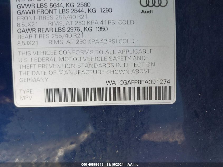 2014 Audi Sq5 3.0T Premium Plus VIN: WA1CGAFP8EA091274 Lot: 40869818