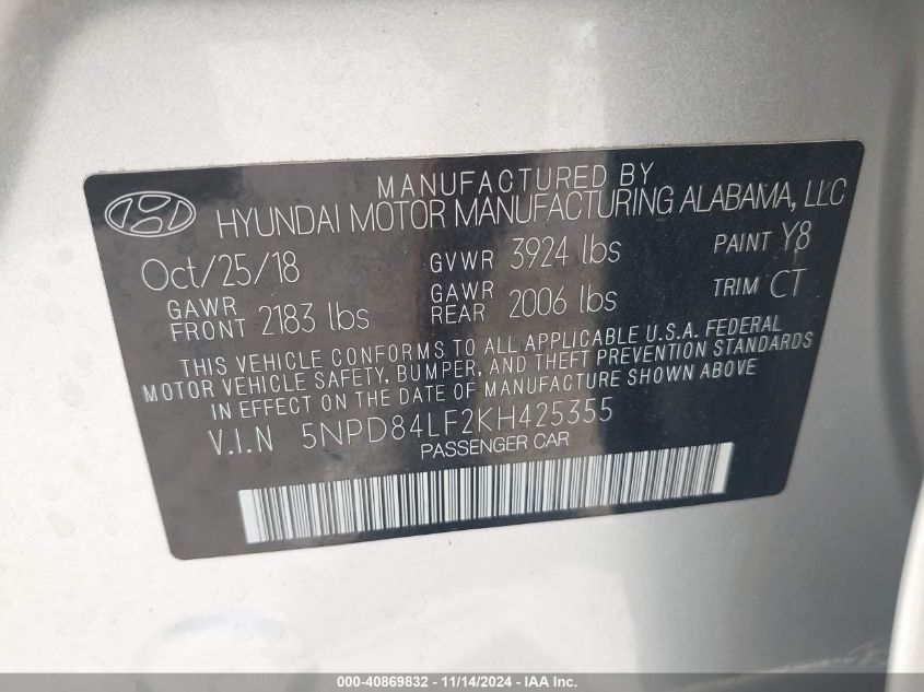 2019 Hyundai Elantra Sel VIN: 5NPD84LF2KH425355 Lot: 40869832