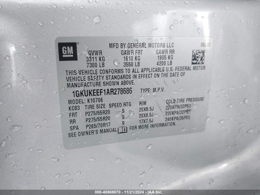 2010 GMC Yukon Denali VIN: 1GKUKEEF1AR278686 Lot: 40869870