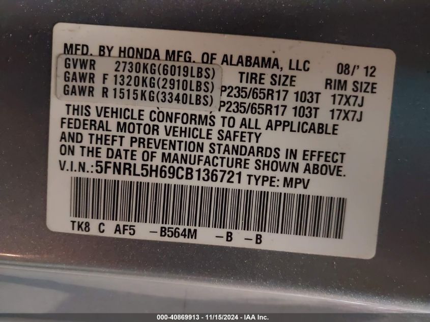 2012 Honda Odyssey Ex-L VIN: 5FNRL5H69CB136721 Lot: 40869913