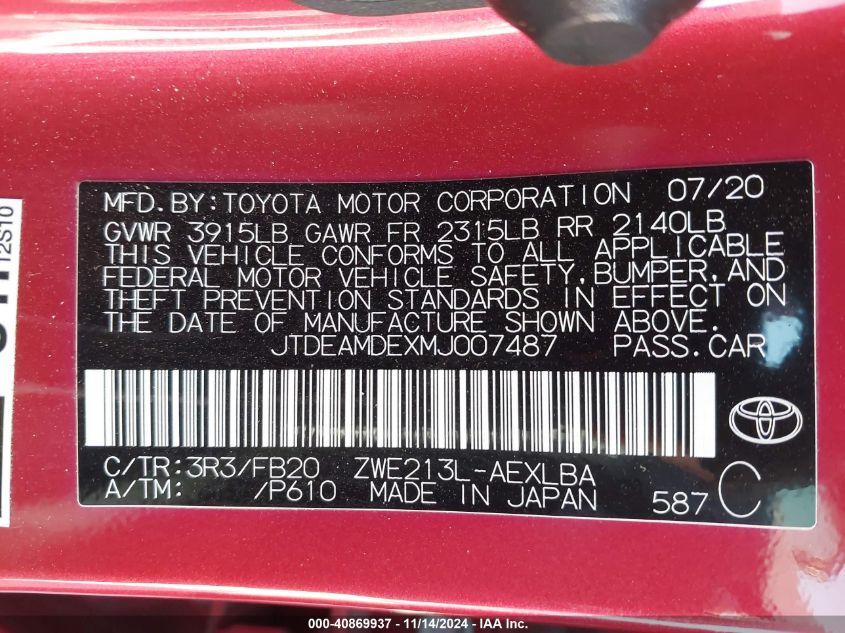 2021 Toyota Corolla Hybrid Le VIN: JTDEAMDEXMJ007487 Lot: 40869937