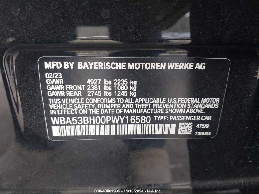 2023 BMW 530 I VIN: WBA53BH00PWY16580 Lot: 40869995