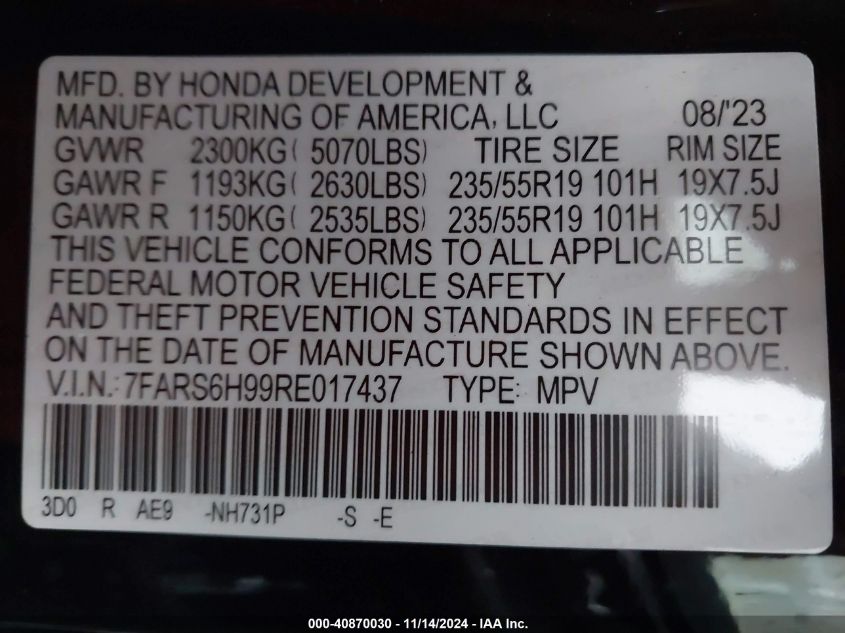 2024 Honda Cr-V Hybrid Sport Touring VIN: 7FARS6H99RE017437 Lot: 40870030