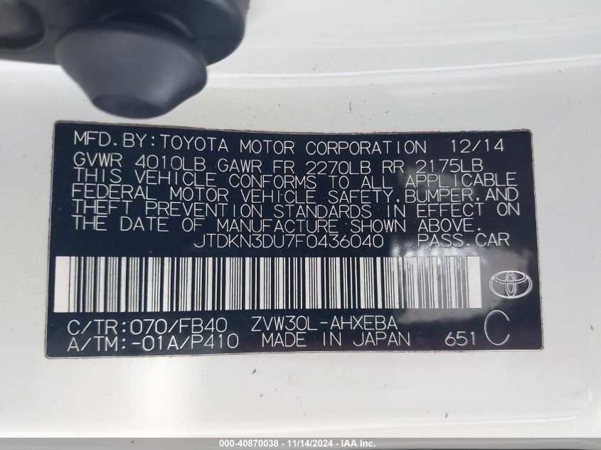 2015 Toyota Prius Two VIN: JTDKN3DU7F0436040 Lot: 40870038