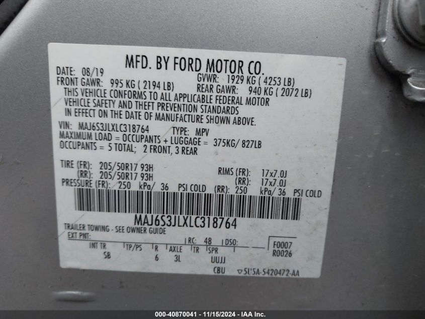 2020 Ford Ecosport Ses VIN: MAJ6S3JLXLC318764 Lot: 40870041