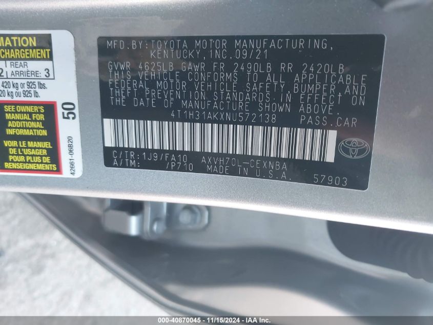 2022 Toyota Camry Le Hybrid VIN: 4T1H31AKXNU572138 Lot: 40870045