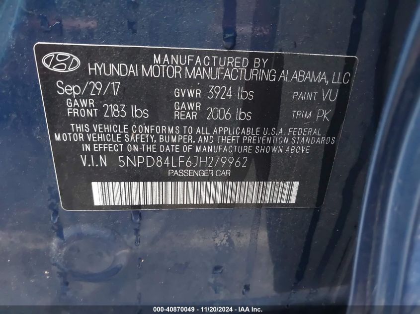 VIN 5NPD84LF6JH279962 2018 Hyundai Elantra, Sel no.9