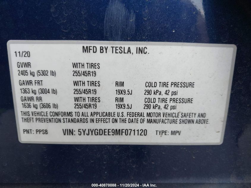 2021 TESLA MODEL Y - 5YJYGDEE9MF071120