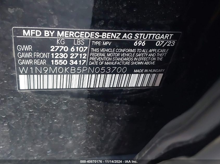 2023 Mercedes-Benz Eqb 300 Suv 4Matic VIN: W1N9M0KB5PN053700 Lot: 40870176