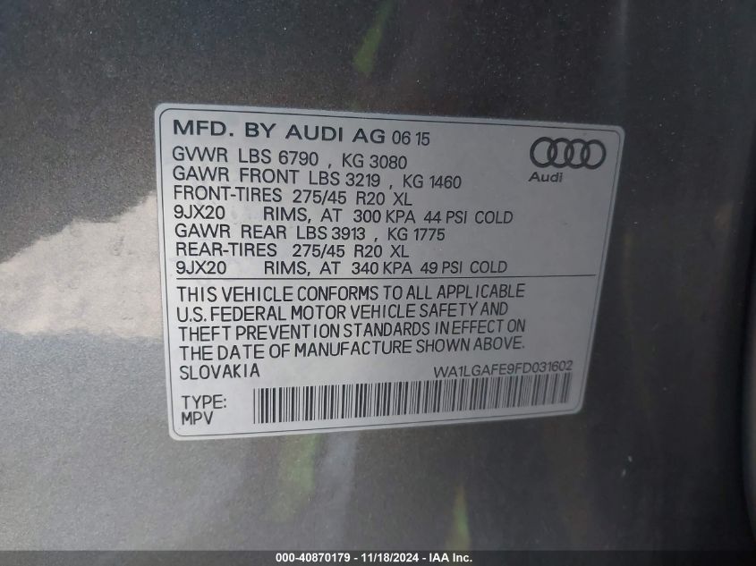 2015 Audi Q7 3.0T Premium VIN: WA1LGAFE9FD031602 Lot: 40870179