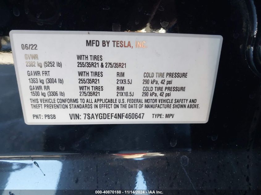 2022 TESLA MODEL Y PERFORMANCE DUAL MOTOR ALL-WHEEL DRIVE - 7SAYGDEF4NF460647