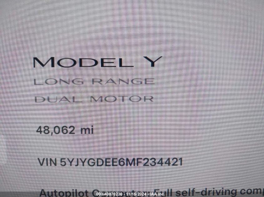 2021 Tesla Model Y Long Range Dual Motor All-Wheel Drive VIN: 5YJYGDEE6MF234421 Lot: 40870230