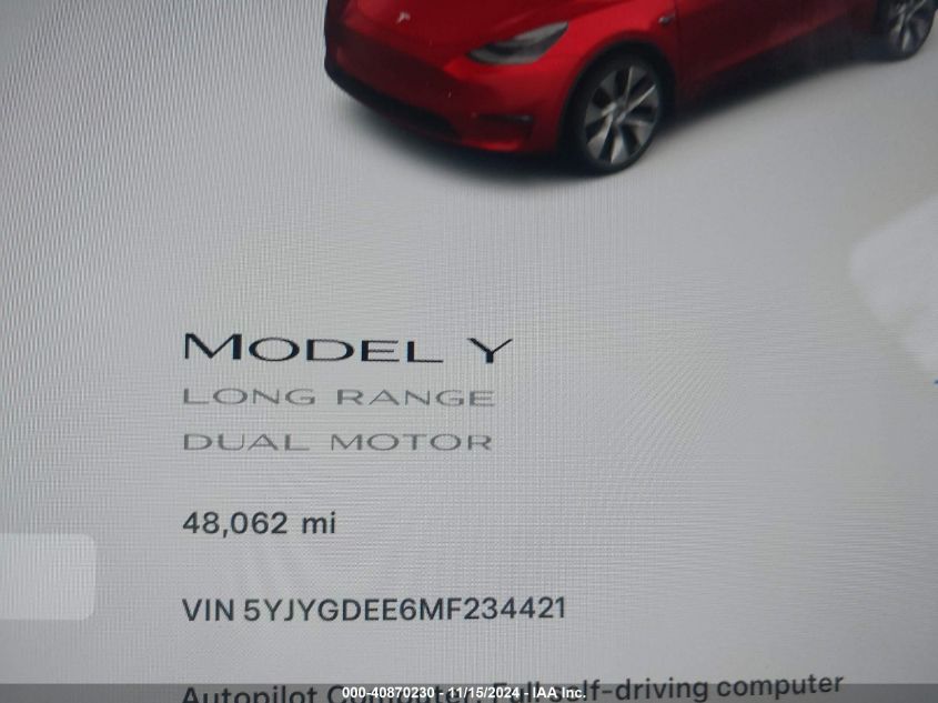 2021 Tesla Model Y Long Range Dual Motor All-Wheel Drive VIN: 5YJYGDEE6MF234421 Lot: 40870230