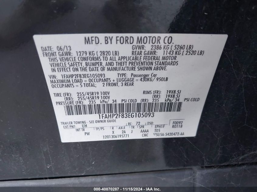 2014 Ford Taurus Limited VIN: 1FAHP2F83EG105093 Lot: 40870287