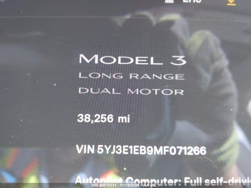 2021 Tesla Model 3 Long Range Dual Motor All-Wheel Drive VIN: 5YJ3E1EB9MF071266 Lot: 40870331