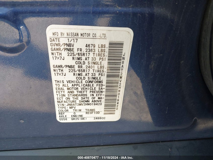 2017 NISSAN ROGUE VIN: JN8AT2MV2HW019420
