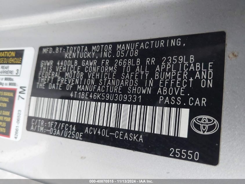 2009 TOYOTA CAMRY VIN: 4T1BE46K59U309331