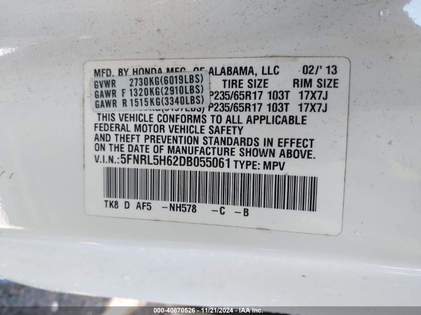 2013 Honda Odyssey Ex-L VIN: 5FNRL5H62DB055061 Lot: 40870526