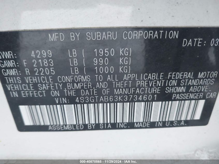 2019 Subaru Impreza 2.0I VIN: 4S3GTAB63K3734601 Lot: 40870565