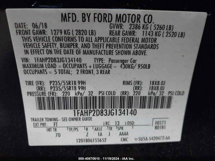 2018 FORD TAURUS SE - 1FAHP2D83JG134140