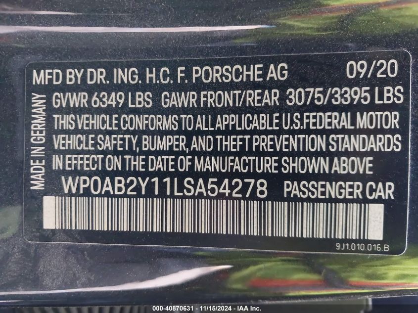 2020 Porsche Taycan 4S VIN: WP0AB2Y11LSA54278 Lot: 40870631