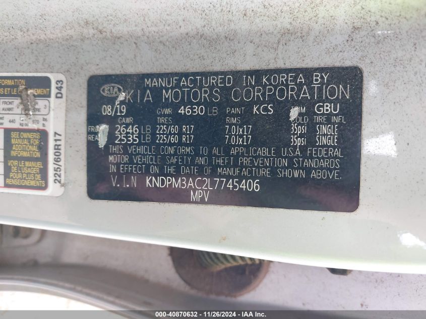 VIN KNDPM3AC2L7745406 2020 KIA SPORTAGE no.9