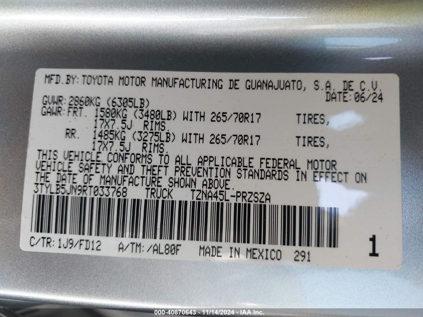 2024 Toyota Tacoma Sr5 VIN: 3TYLB5JN9RT033768 Lot: 40870643