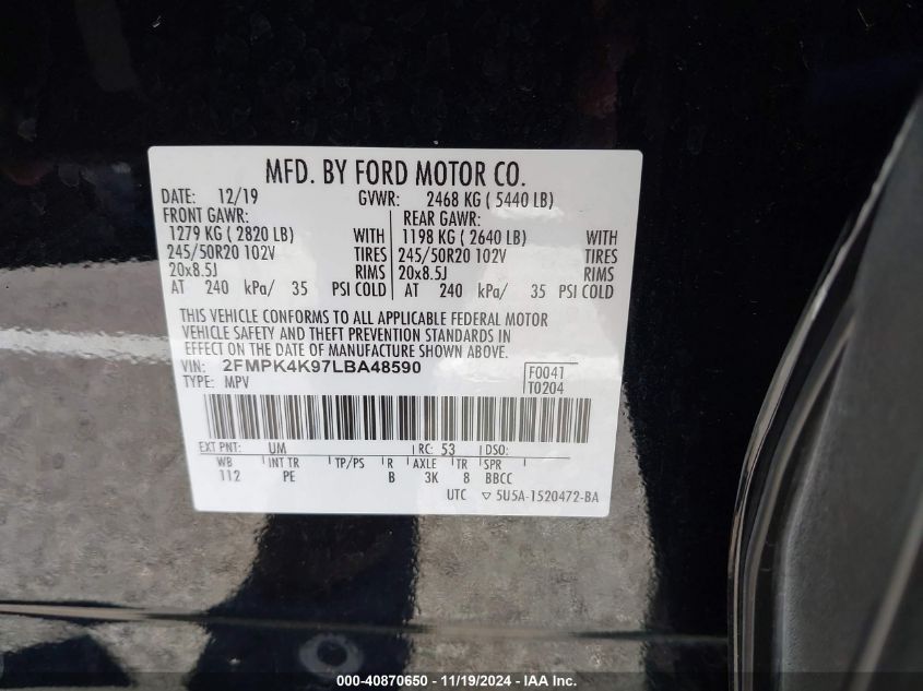 2020 Ford Edge Titanium VIN: 2FMPK4K97LBA48590 Lot: 40870650