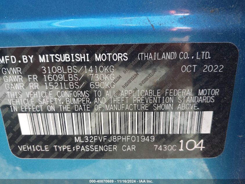 2023 Mitsubishi Mirage G4 Se VIN: ML32FVFJ8PHF01949 Lot: 40870689