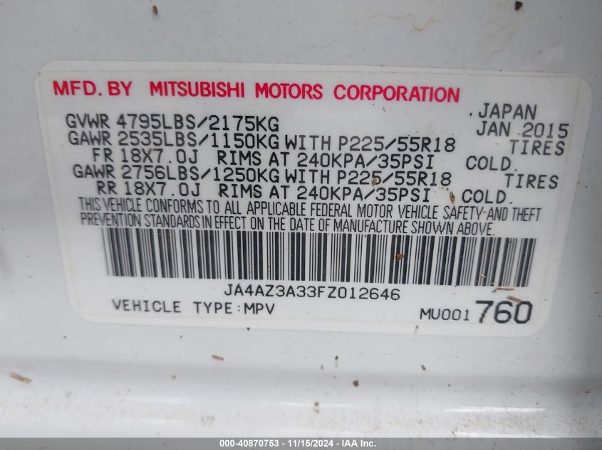 2015 Mitsubishi Outlander Se VIN: JA4AZ3A33FZ012646 Lot: 40870753