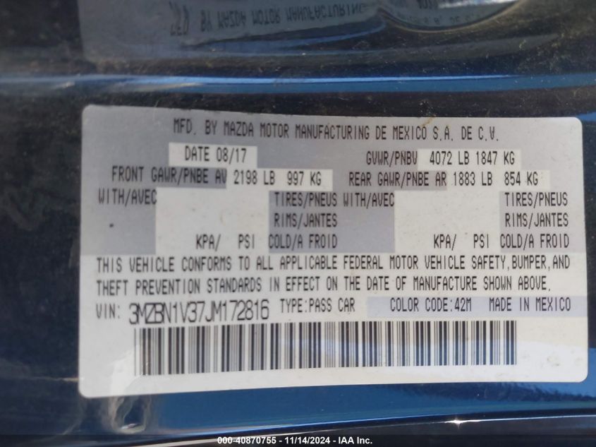 2018 MAZDA MAZDA3 TOURING - 3MZBN1V37JM172816