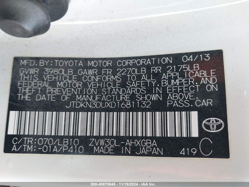 2013 Toyota Prius Four VIN: JTDKN3DUXD1681132 Lot: 40870845