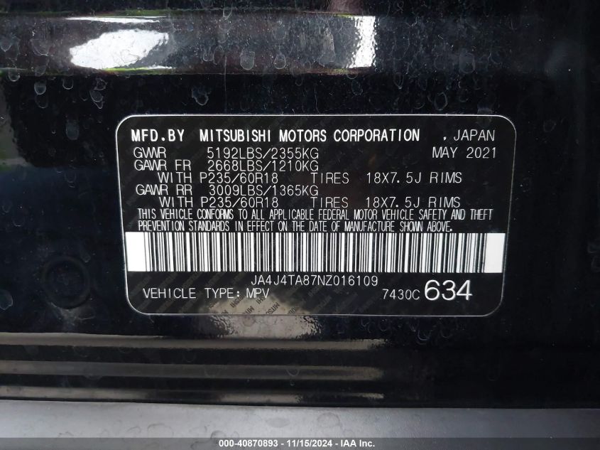 2022 Mitsubishi Outlander Es 2.5 VIN: JA4J4TA87NZ016109 Lot: 40870893