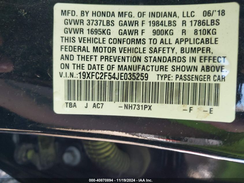 2018 Honda Civic Lx VIN: 19XFC2F54JT035259 Lot: 40870894