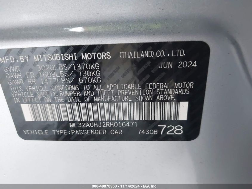 2024 Mitsubishi Mirage Es/Le VIN: ML32AUHJ2RH016471 Lot: 40870950