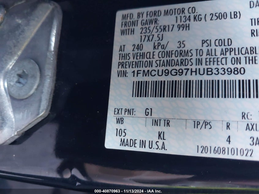 VIN 1FMCU9G97HUB33980 2017 FORD ESCAPE SE