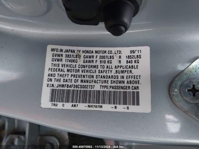 2012 Honda Civic Hybrid VIN: JHMFB4F39CS002737 Lot: 40870982