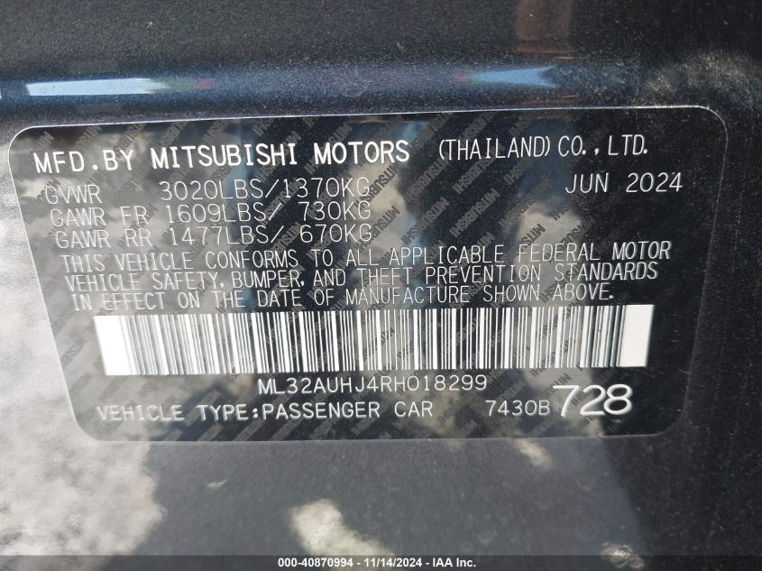 2024 Mitsubishi Mirage Es/Le VIN: ML32AUHJ4RH018299 Lot: 40870994