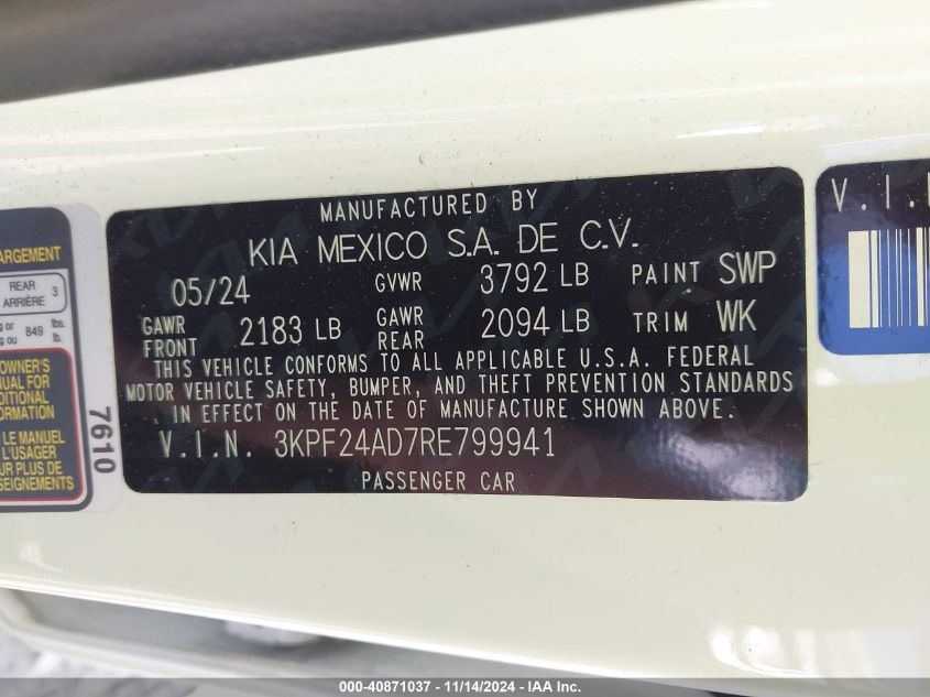 2024 Kia Forte Lxs VIN: 3KPF24AD7RE799941 Lot: 40871037