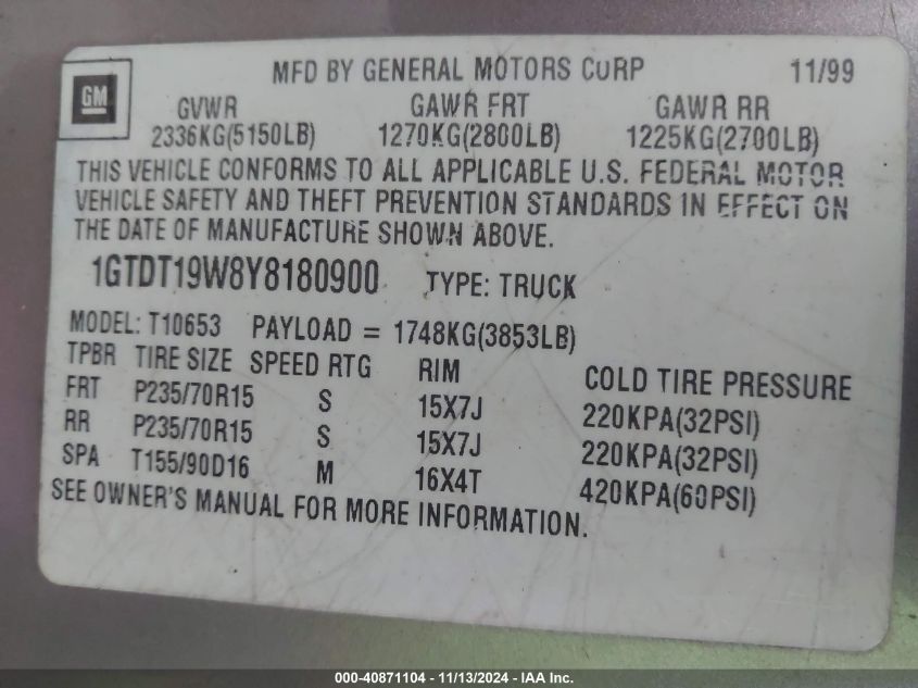 2000 GMC Sonoma Sls VIN: 1GTDT19W8Y8180900 Lot: 40871104